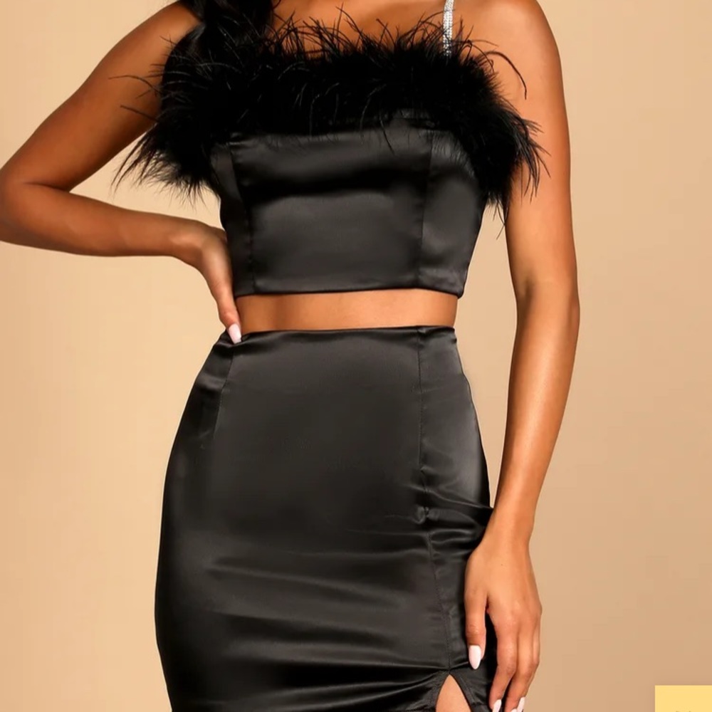 WORN ONCE Black satin matching set with feather and rhinestone details